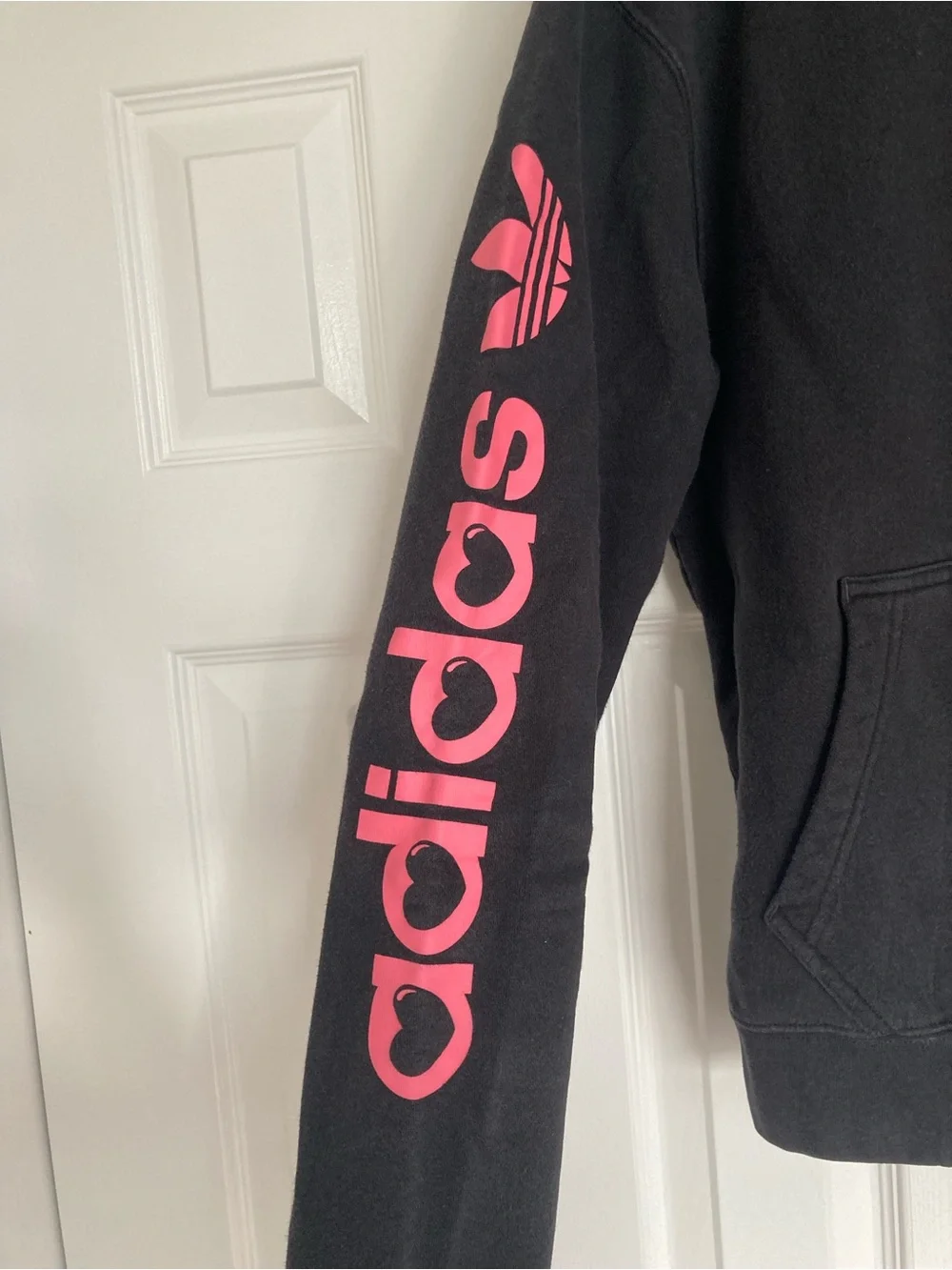 adidas Black Crewneck Hoodie with Pink Sleeve Logo and Blue Chest Graphic